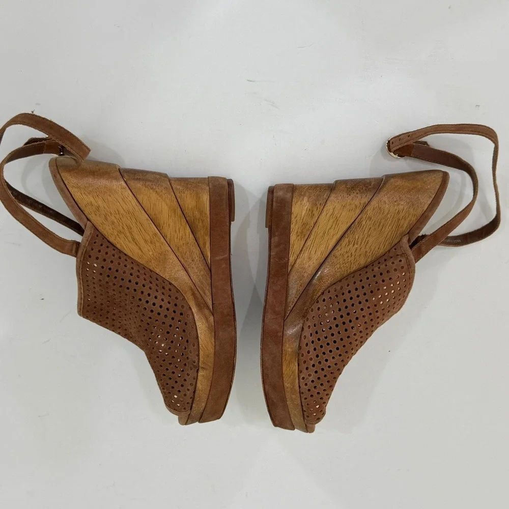 Diane von Furstenberg DVF Wedge Sandals 9.5M Brown Suede Perforated Wood Heel